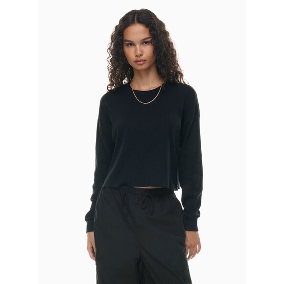 TNA Aritzia Waffle Crew Boxy Long Sleeve M Black Crop Top Thermal EUC B36 - Picture 1 of 6